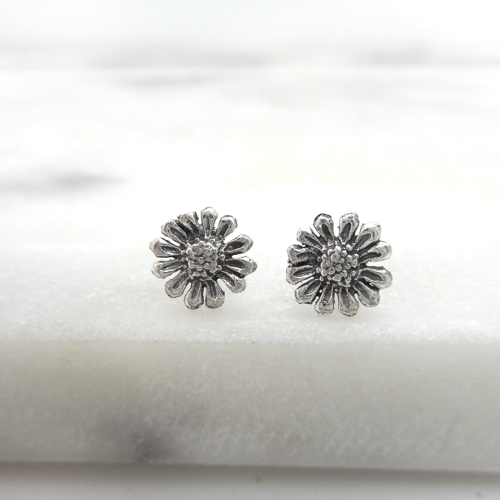 Flower Daisy Oxidized Bohemian Solid 925 Sterling Silver Stud Earrings